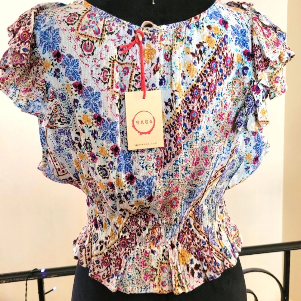 Nwt RAGA Multicolor Short Sleeve Ruffle Top Size Medium - Picture 13 of 16